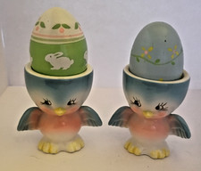 Vintage Ceramic Chick Egg Cups w/ Wooden Easter Eggs Set Pastel Birds Decor