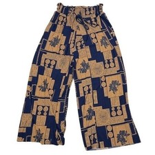 Fashion Womens One Size Wide Leg Crop Pants Navy Tan Geometric Floral Print