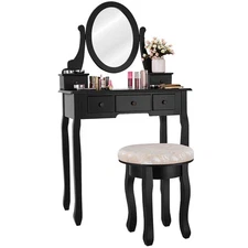 Modern Mirror Vanity Table Set Makeup Table Cushioned Stool 5 Drawers Black