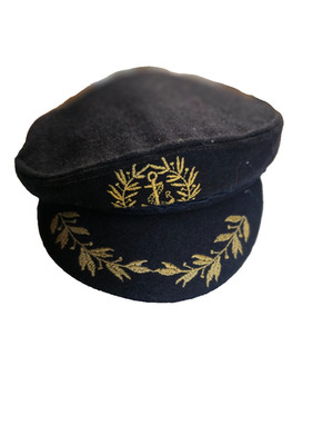 NOS Aegean Greek Fisherman s Hat Captain Cap Black Wool Gold Embroidery 7 3/8 