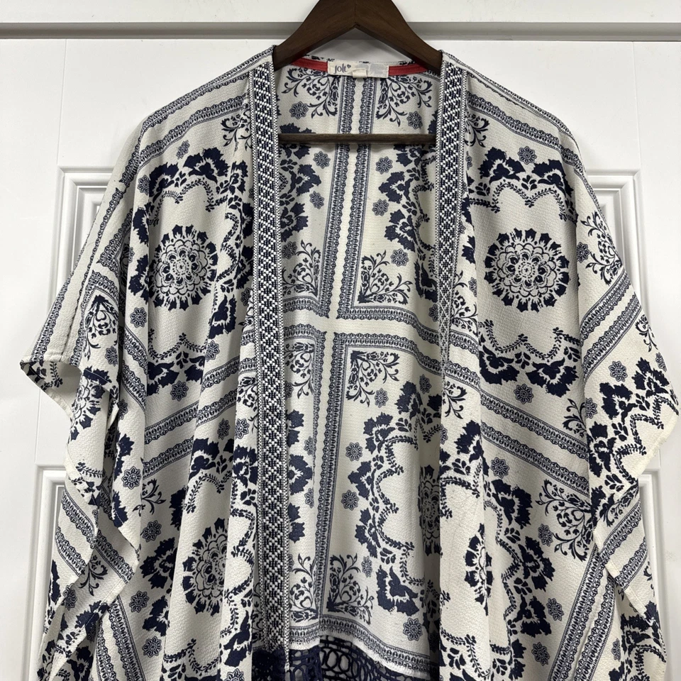 Jolt Womens Navy Blue White Cream Damask Tile Print Fringe Flared Cardigan Sz L - Image 2 of 4