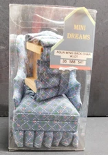 Mini Dreams Dollhouse Miniature -Wing Back Chair With Ottoman In Blue Fabric