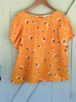 NWT Charming Orange Cottagecore LOFT Linen Floral Flutter Sleeve Top *Sz L