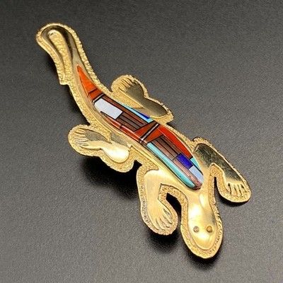 Vintage Navajo Harrison Jim 14K Gold Lizard Gecko Turquoise Coral Brooch Pendant
