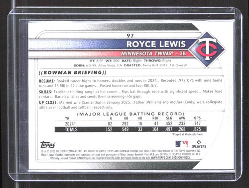 Bowman Chrome #97 Royce Lewis Blue Wave #/150 2025 - Imagen 2 de 2