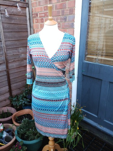 Vintage French Connection Silk Wool Wrap Dress Turquoise Y2K Size UK10 US6 EUR38 - Picture 12 of 15