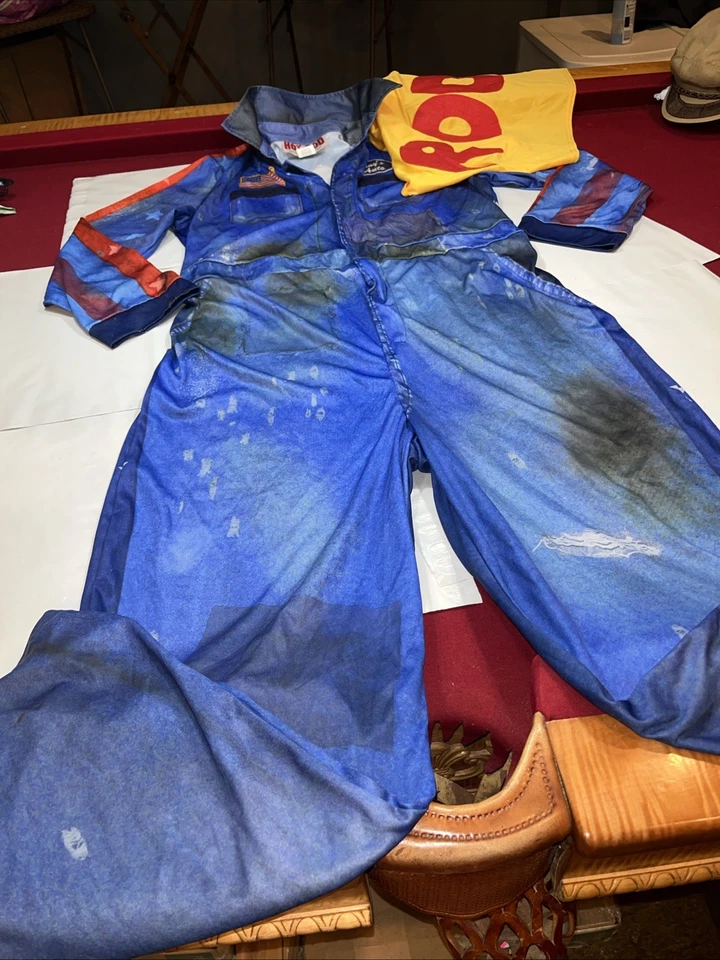 Hot Rod Super Hero Full Body Suit Blue Yellow Cape Large Mens Halloween Funny Lg - Image 3 of 4