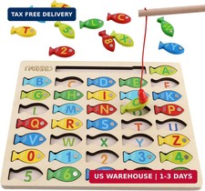 Magnetic Wooden Fishing Game Toy for Toddlers, Alphabet Fish Catching Counting G
