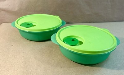 Set of 2-Tupperware CrystalWave Vented Microwave Divided 3pc Set #3859 Green