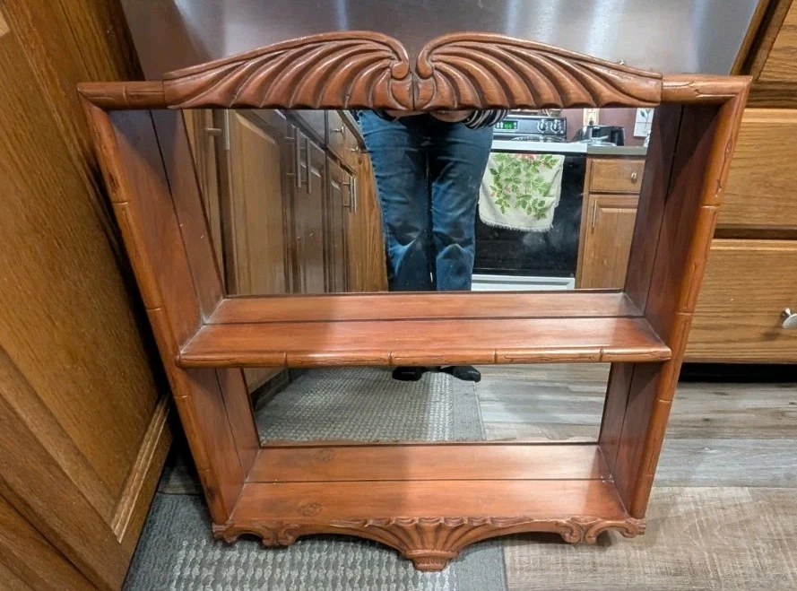Vintage Carved Wood Wall Shelf With Mirror