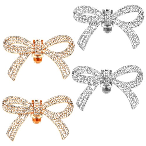 4 Pcs Shoe Bows Clips for Women, Rhinestone Bow Clip on Shoe Embellishments, Sil