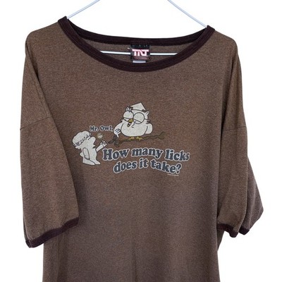 Y2K 2005 TR Brands Mr. Owl How Many Licks Tootsie Pop Ringer T Shirt Brown XXL