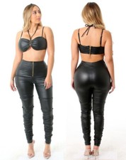 Women Bikini Top Black Faux Leather Halter Tie Bodycon Club Skinny Pants Set 2pc