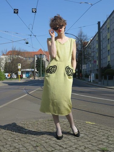 antik Kleid goldfarben Stickerei Handarbeit 40er TrueVINTAGE 40s women's dress