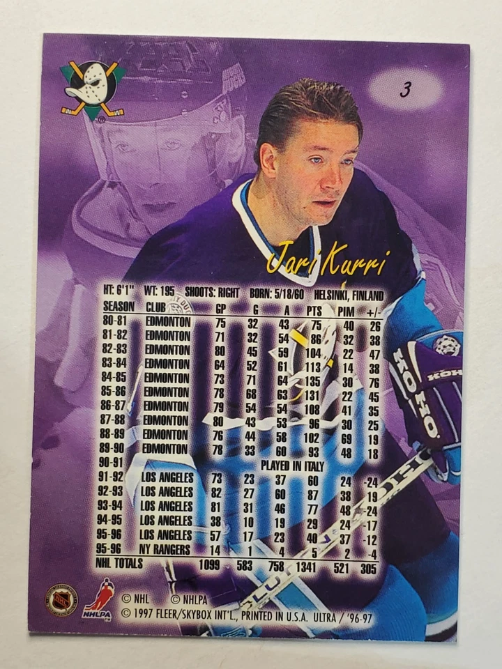 1996-97 Ultra #3 Jari Kurri ~ Anaheim Ducks - Image 2 of 2