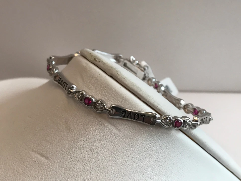 LOVE BRACELET LAB SIMULATED DIAMONDS & RUBY GEMS / 925 STERLING SILVER 7'' LONG - Image 3 of 4