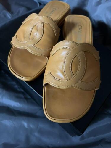 CHANEL Big CC Logo Camel Slide Sandals EUR38 Used From Japan