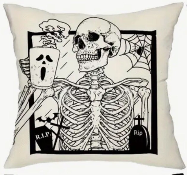Skeleton Spooky Fall Halloween Linen Throw Pillow Cover Home Decor 18”