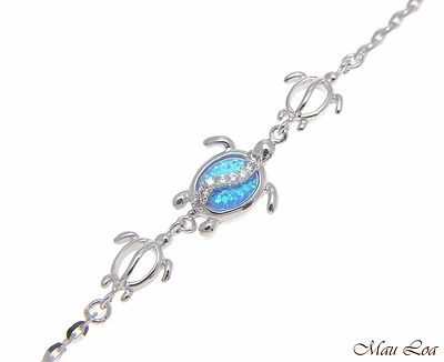 925 Silver Rhodium Hawaiian Honu Sea Turtle CZ Blue Opal Link Chain Anklet 9''+