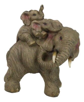 Safari Savanna Whimsical Elephant Father And 2 Calves On Piggyback Figurine 5''H