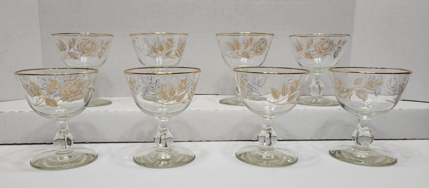 Vintage 60s Libby Rose Bouquet Champagne Cordial Sherbet Glasses Set of 8 with Original Box