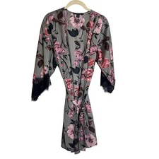 Midnight Bakery Womens Floral Print Wrap Robe XS/S Gray Satin Short Lace Trim