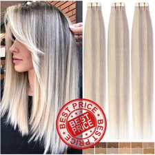 Grey Blonde Tape In Remy Human Hair Extensions Glue Skin Weft Full Head Straight