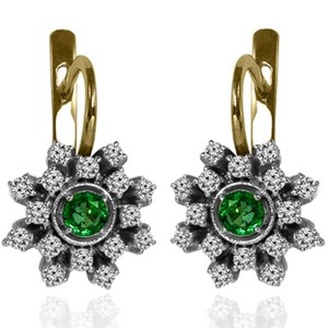 14K Solid Yellow and White Gold Genuine Emerald & Diamond  Earrings #E1502