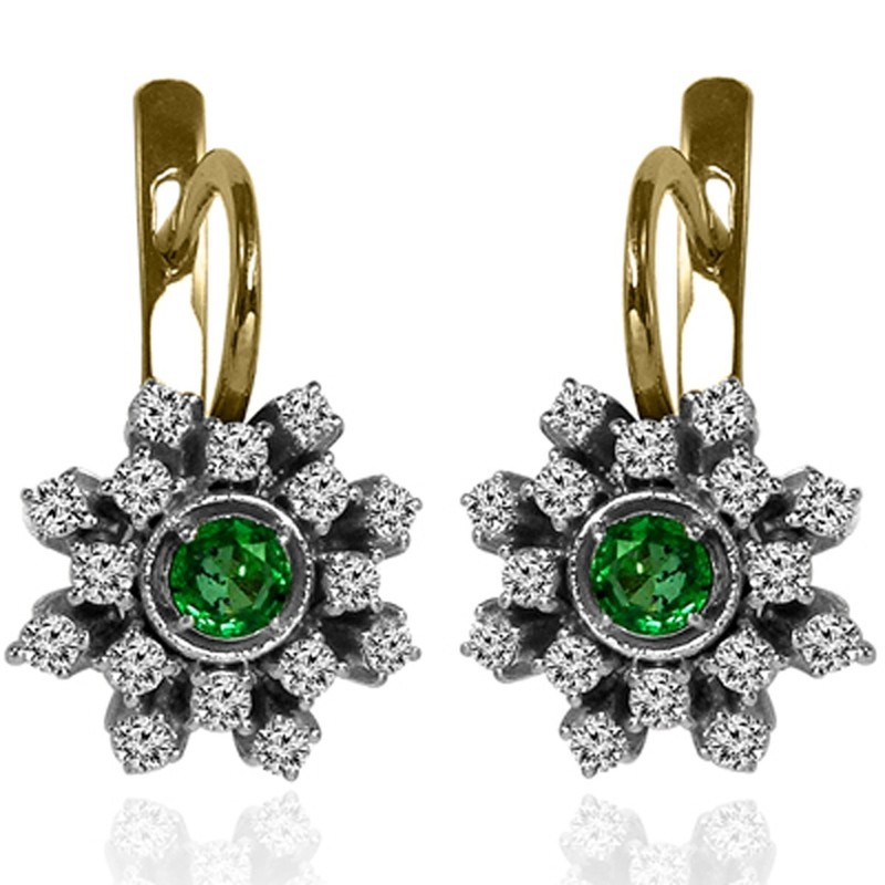 14K Solid Yellow and White Gold Genuine Emerald & Diamond  Earrings #E1502