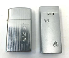 2 lighter Lot Zippo Slim 1974 Pinstripe Monogram and Scripto Starburst Japan Vtg