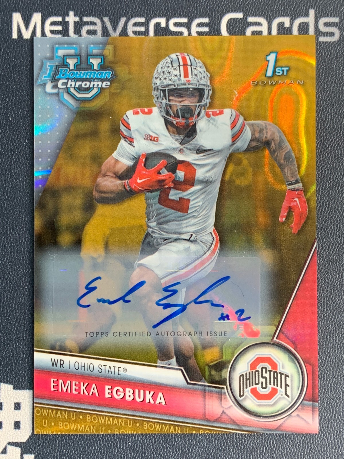 2023 Bowman Chrome University Emeka Egbuka Gold Lava 1st Rookie RC Auto 27/50