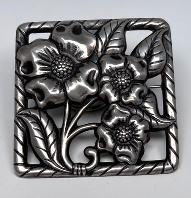 Vintage Victor Primavera Brooch Square Sterling Silver Repoussé Dogwood Flowers