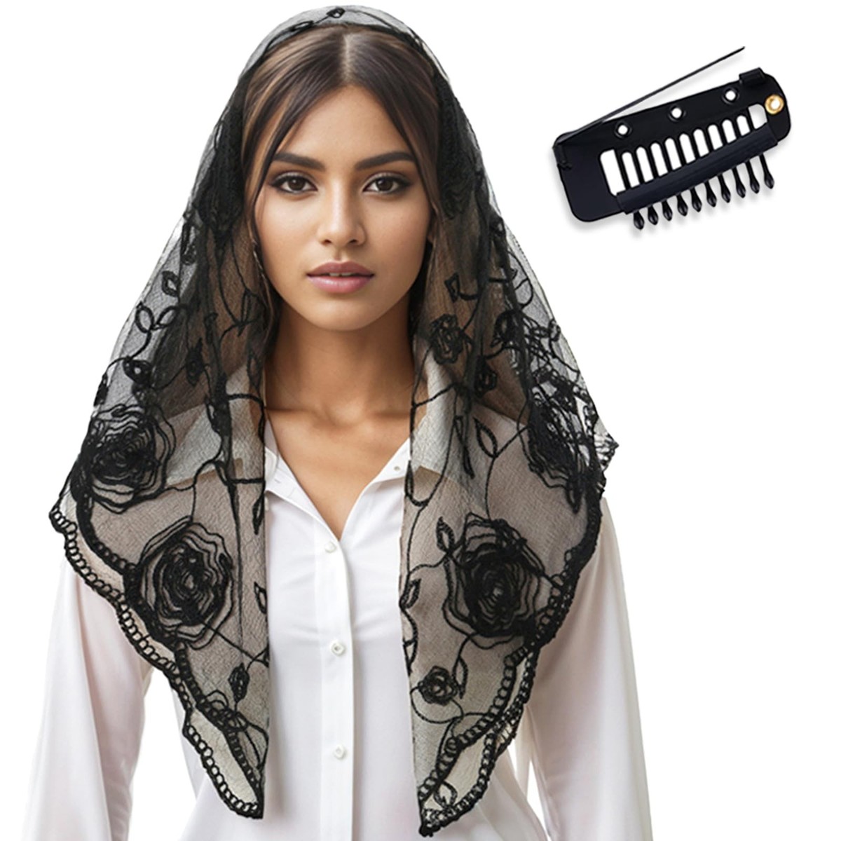 Black Floral Chapel Veil Lace Prayer Shawl Mass Mantilla 