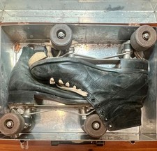 Chicago Hyde VNTG Black Leather RollerSkates w/ CASE 78 SPL Sz 8 Betty Lytle