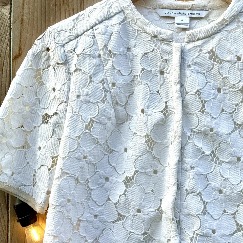 Diane Von Furstenberg White Lace Blouse - Floral Design Size 4 - Image 2 of 4