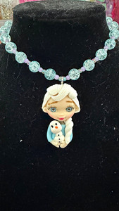 Girls Cartoon Figure Charm Pendant Beaded Plastic Necklace Blue Purple
