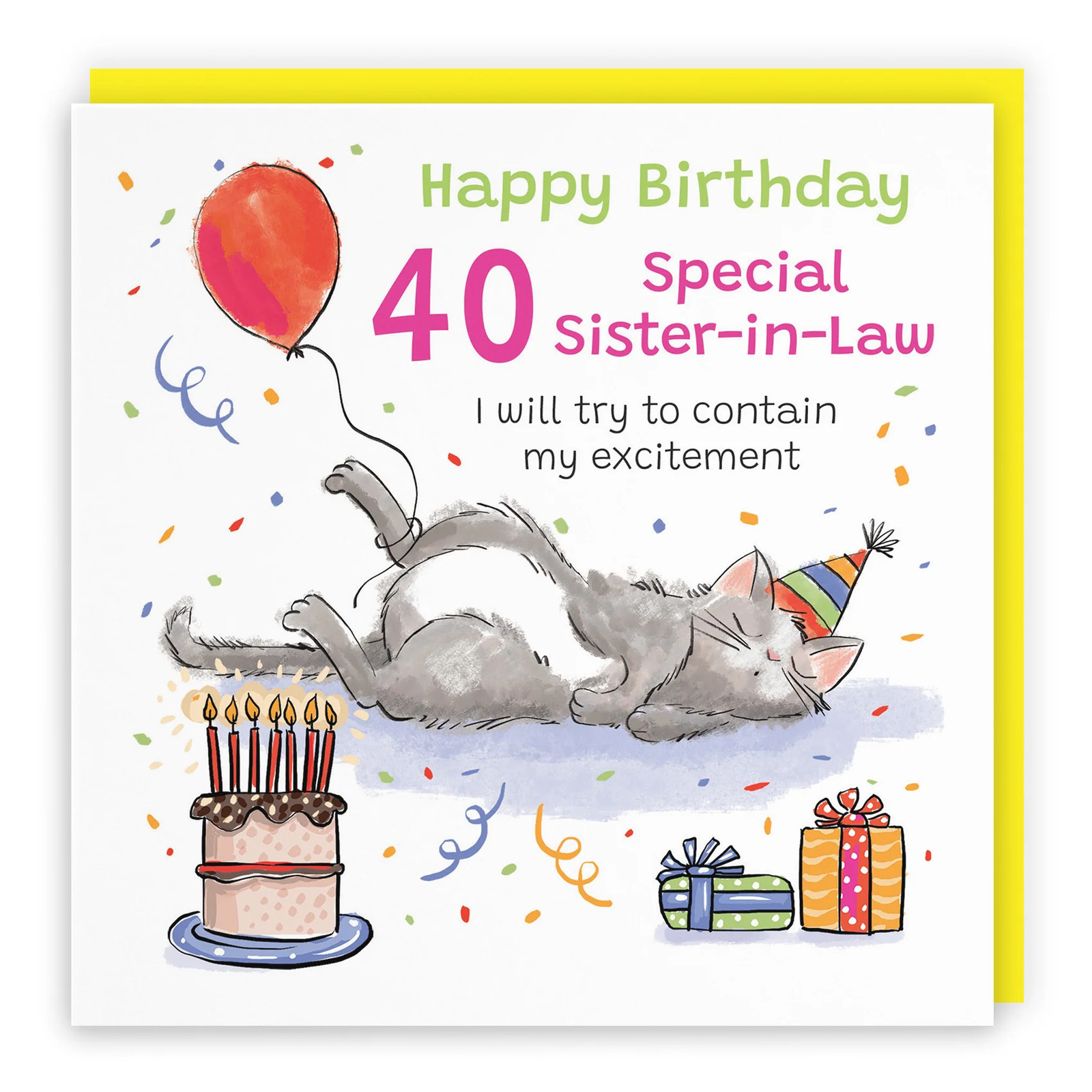 40th Sister-in-Law Birthday Card Sleepy Cat Animal Party