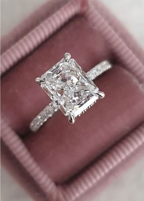2.50 CT Radiant Cut Hidden Halo Moissanite Engagement Ring 14K White Gold Plated