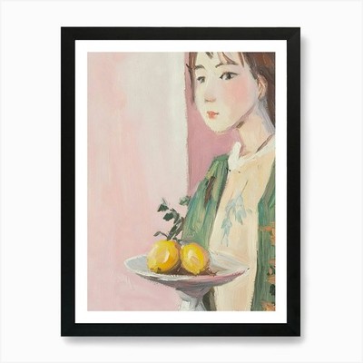 Asiatisches Mädchen mit Zitronen Kunstdruck gerahmt Wandbild Poster Leinwanddruck Bild