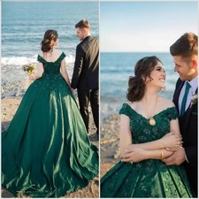 Dark Green Ball Wedding Dresses Straps Lace Applique Beaded Satin Bridal Gowns