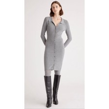 Quince Eco-Knit Gray Button Up Sweater Dress sz M Shirt Dress Ribbed Collar