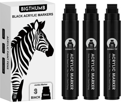 BIGTHUMB 3 Pcs Black Jumbo Permanent Markers: 15Mm Wide Tip Thick Acrylic Paint