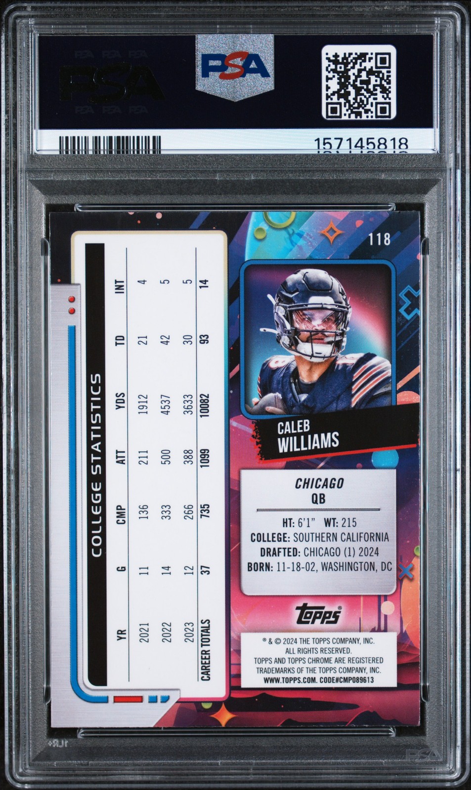 2024 TOPPS COSMIC CHROME #118 CALEB WILLIAMS ROOKIE RC PSA 9 view 2