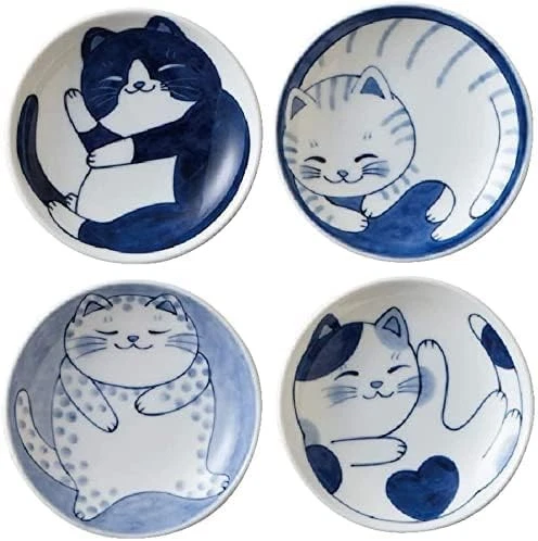MINO WARE Juego de Platos Pequeños Japoneses Cerámica Lindo Diseño Gatos ys/m, Blanco/Azul  Foto 2 de 4