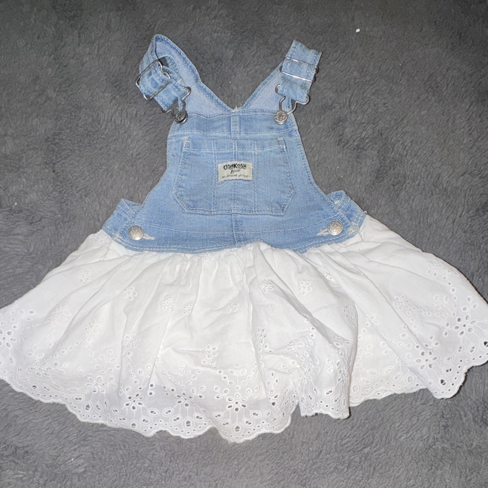 OshKosh B’gosh Girls Denim Overall Dress White Eyelet Skirt 18 Months
