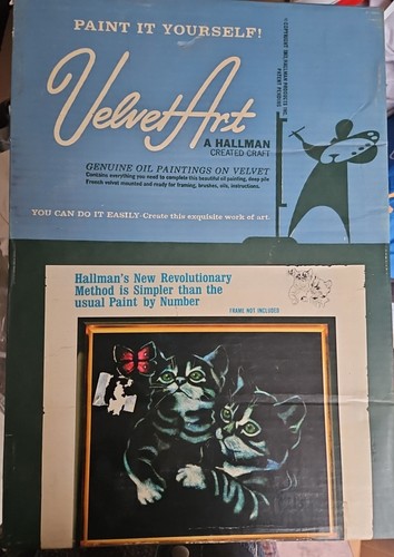VINTAGE HALLMAN'S PAINT BY NUMBER BLACK VELVET ART Kit w 2 Cats