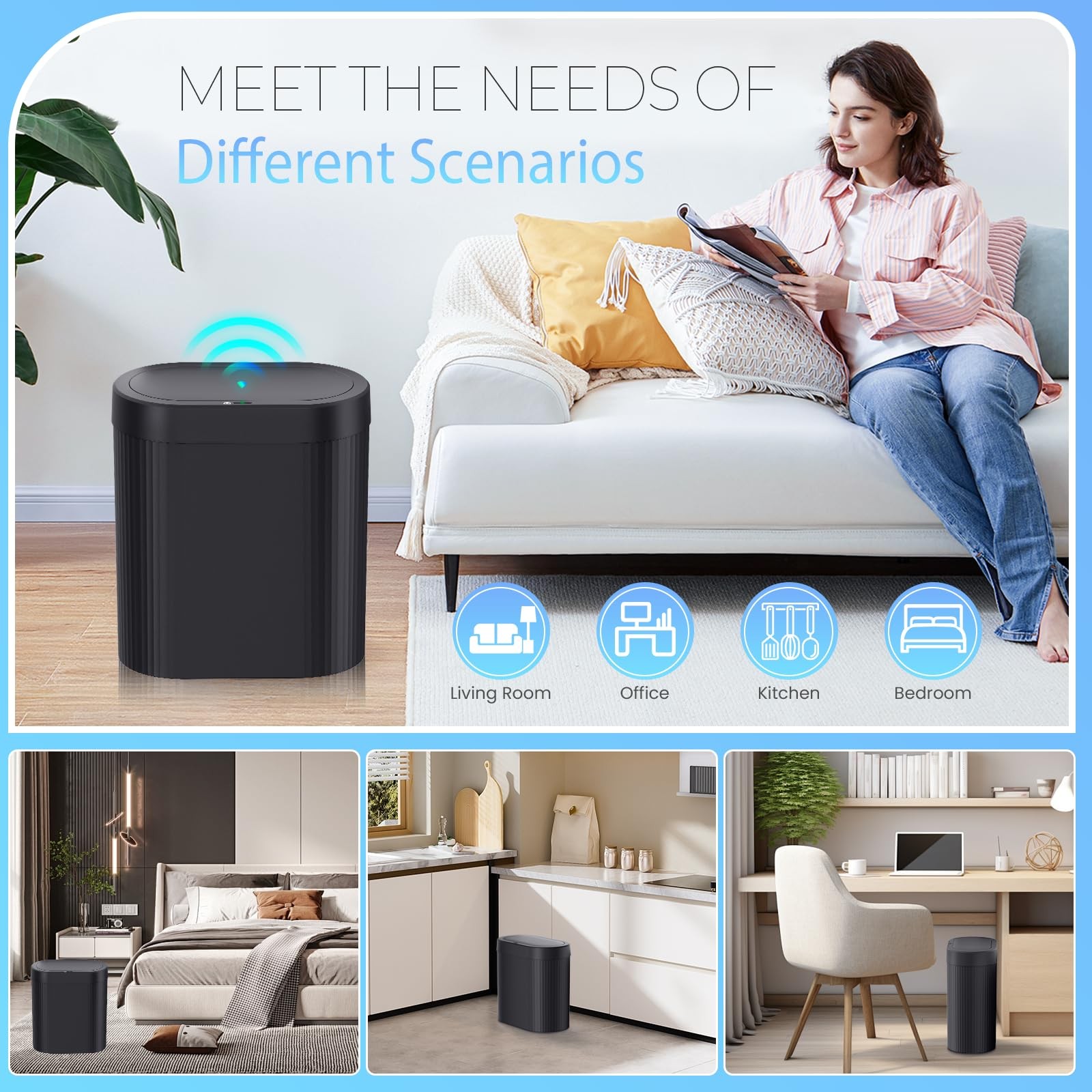 5 Gallon Bathroom Trash Can with Lid, Automatic Motion Sensor Black Trash Can...