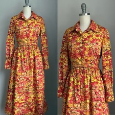 Vintage 70s Neiman Marcus Colors of Fall Midi Shirtwaist Dress w/ pockets S/M