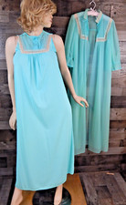 Vtg Deena Nylon/Lace Lingerie Peignoir Set Sheer Robe and Nightgown Aqua Size M