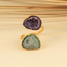 Beautiful Geode Druzy Gold Electroplated Statement Adjustable Double Stone Ring